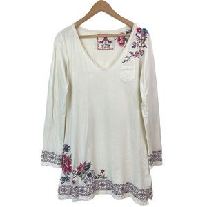 Johnny Was Boho Floral Embroidered Cream Ivory Long Sleeve Cotton Tunic Top